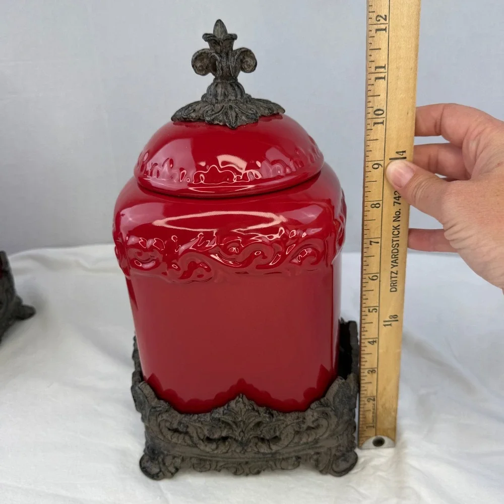 Drake Design Red Ceramic Canister Set of 3 Fleur De Lis Metal Base Kitchen Decor